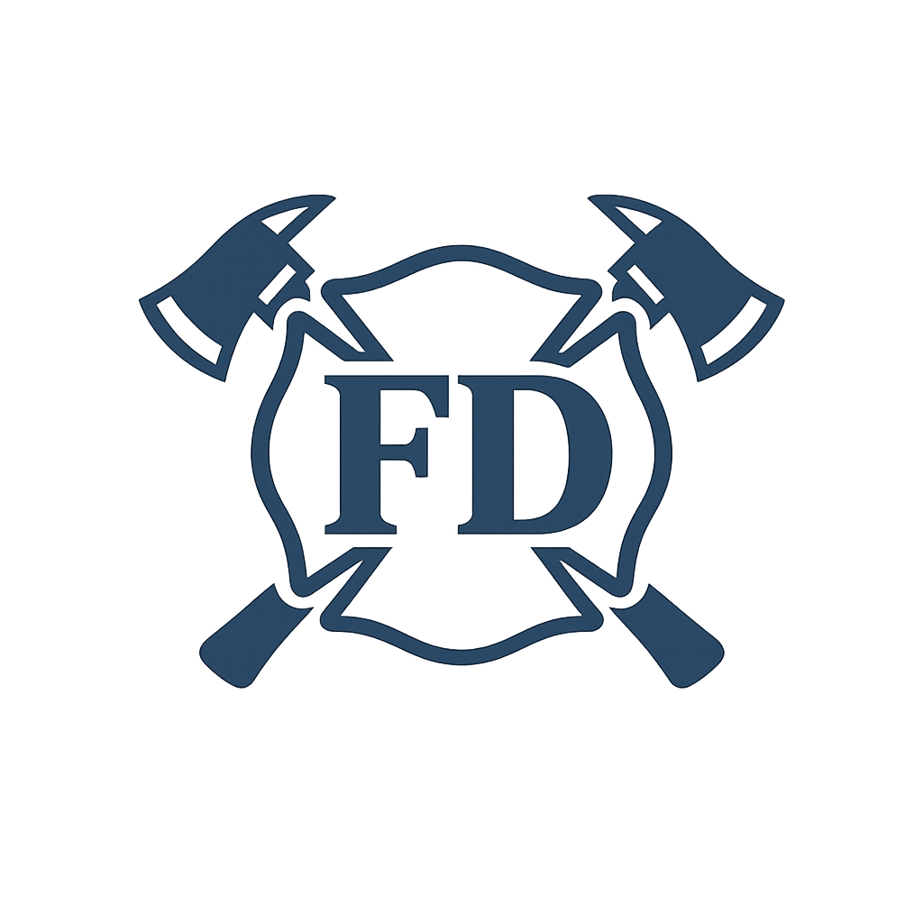 Home A maltese cross with the letters FD in the center. 2 fireaxes make an cross behind it